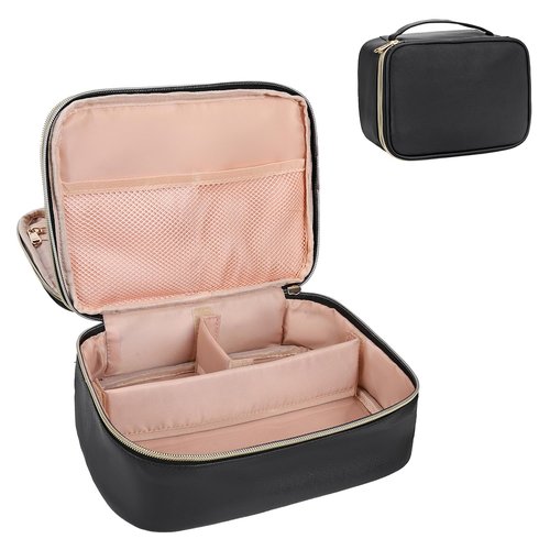 Black Makeup Bag, Travel Makeup Bag Cosmetic Bag, Makeup Brush Holder Organizer with Dividers, Travel Makeup Case for Women, Large Toiletry Bag Cosmetic Case, Black