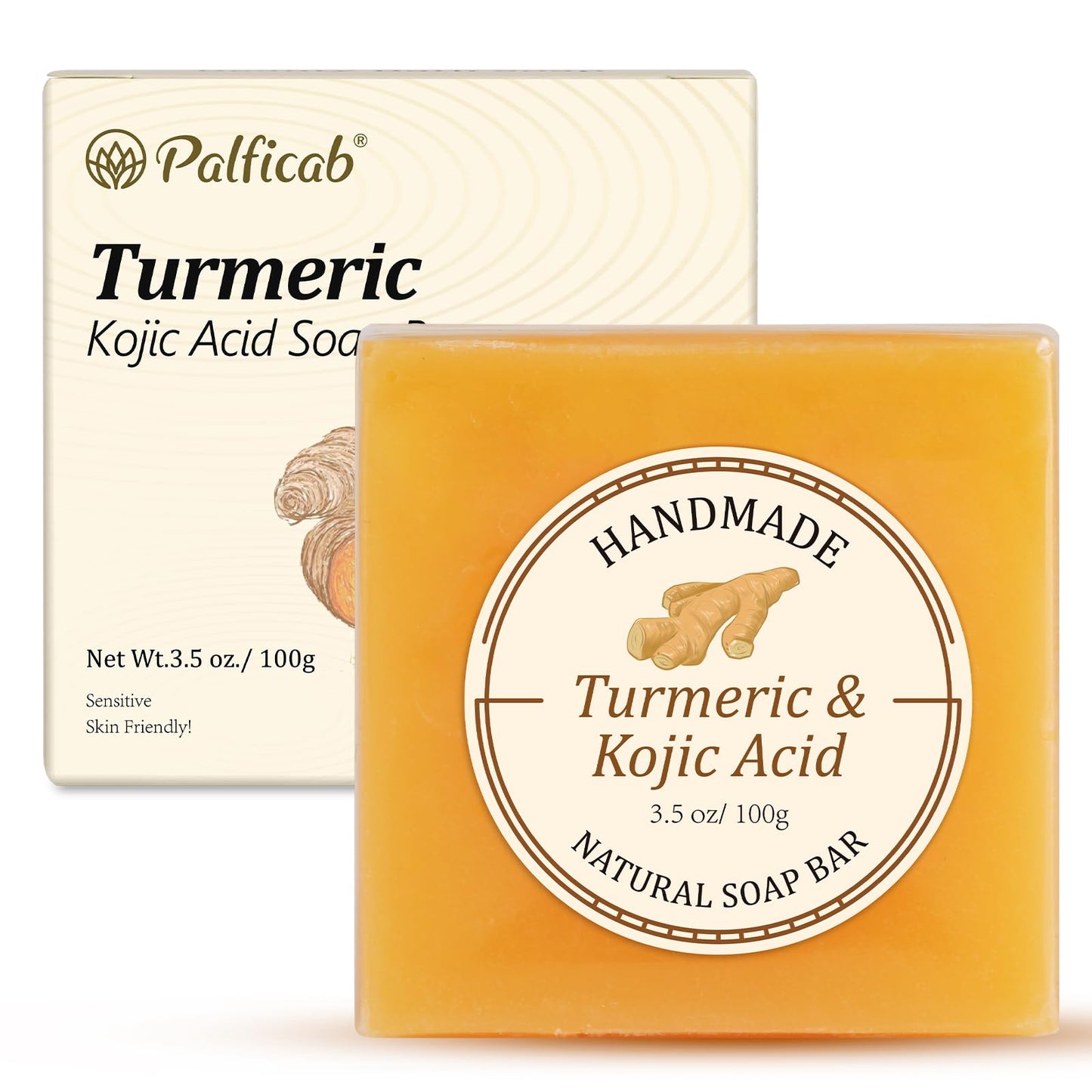 PALFICAB Kojic Acid Soap for Dark Spots & Uneven Skin Tone – Turmeric Brightening Cleansing Bar with Vitamin C, Shea Butter & Hyaluronic Acid – Face & Body Soap for Radiant-Looking Skin, 3.5 oz