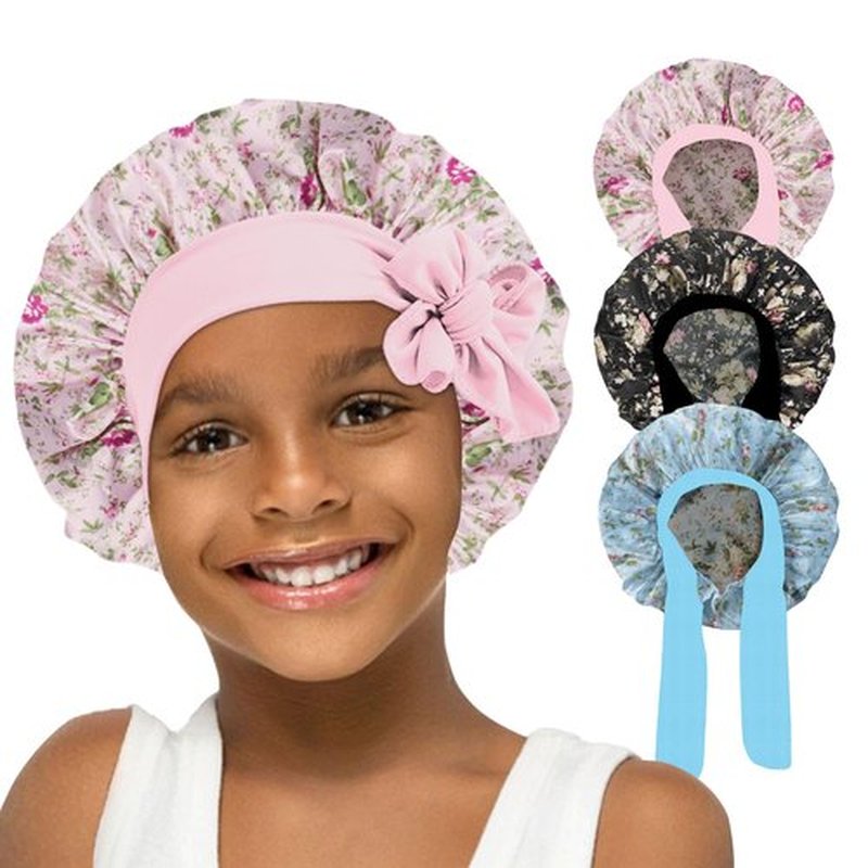 FIRSTPELLA 3 Pcs Baby Hair Bonnet for Sleeping - Kids Silk Satin Bonnets for Girls Curly Hair,Satin Sleep Bonnet for Teens Toddler Child(Pink+Black+Blue)
