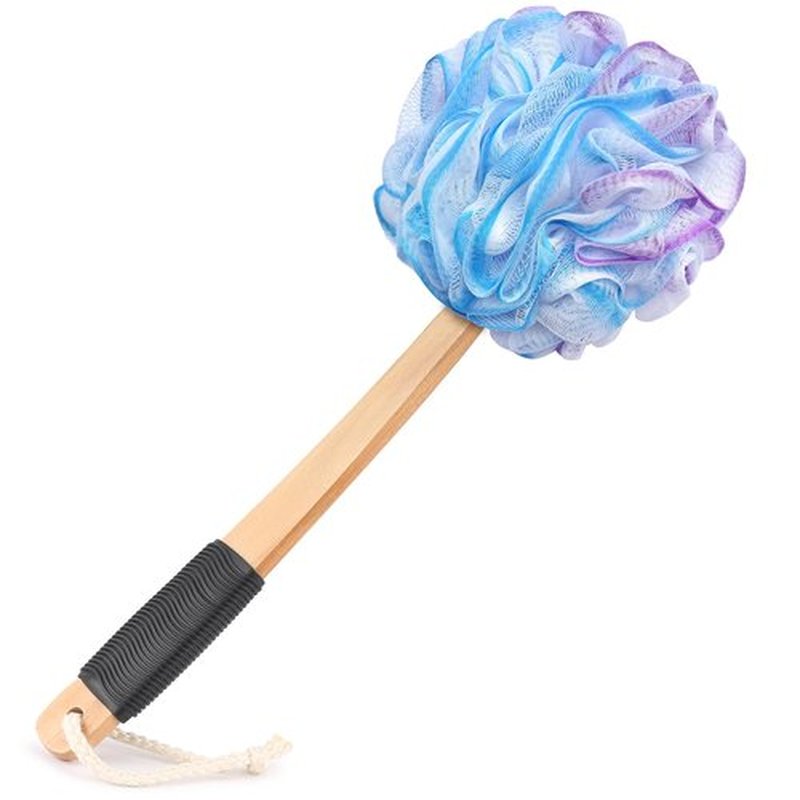 Loofah on a Stick PE Soft Mesh Luffa with Non-Slip Wooden Handle Made of Soft and Sturdy Rubber Material Back Scrubber for Shower for Women and Men with String for Easy Hanging(Purple Blue White)