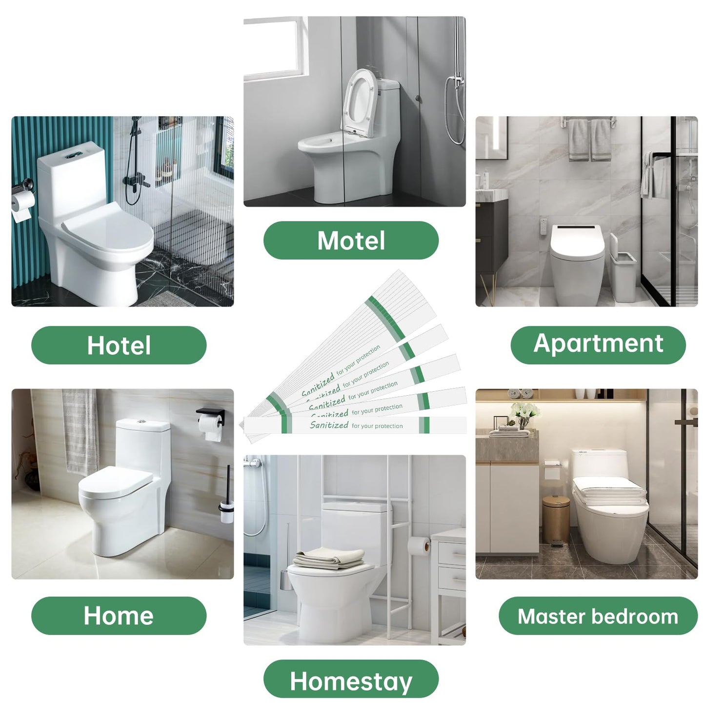 Germiwipe 500Pcs Sanitized Toilet Seat Band,Hotel Essentials, Printed Toilet Strips for Hotels Motels Hospitals (Green/White) TSB-500