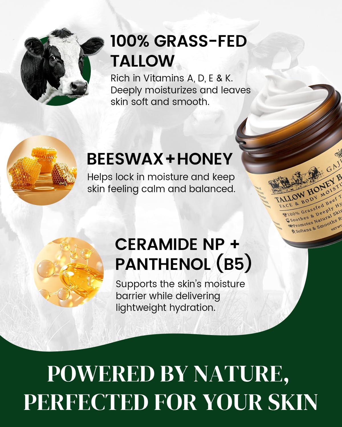 Beef Tallow for Skin: Whipped Beef Tallow Cream for Face & Body, Natural Moisturizing Cream with Honey and Beeswax, Grass-Fed Beef Tallow &Honey Blend, Lightweight Hydration for Dry Skin, 4.2Oz