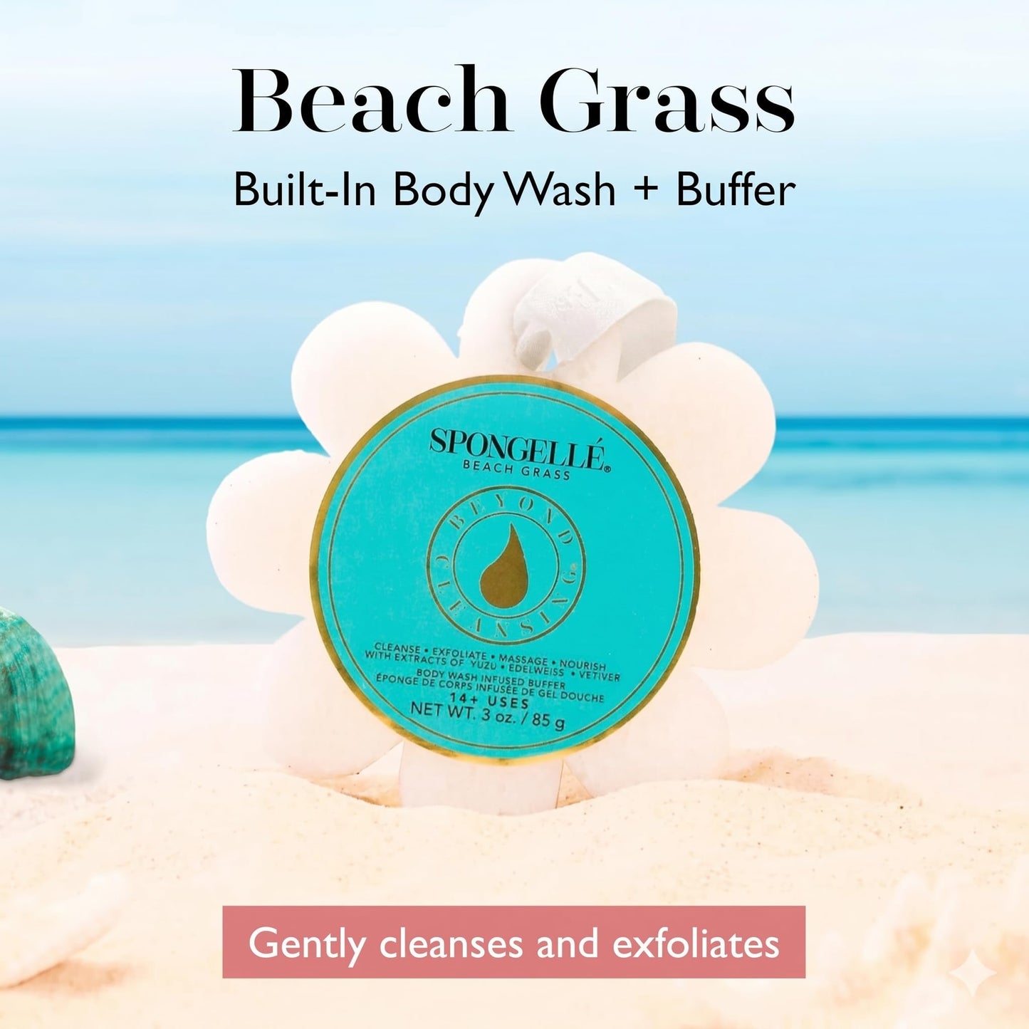 Spongellé Beach Grass Wild Flower Bath Sponge | Built-in Body Wash & Body Scrubber, Shower Loofah Sponge for Women | 14+ uses