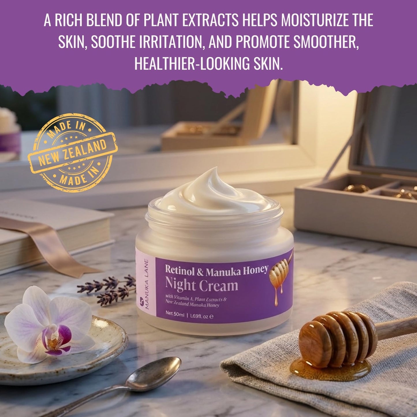 Retinol & Manuka Honey Night Cream for Face and Neck with Sweet Almond Oil, CoQ10, Plant Extracts & Vitamin A | Plant Based Formula | Carefully formulated to keep your skin young and healthy!