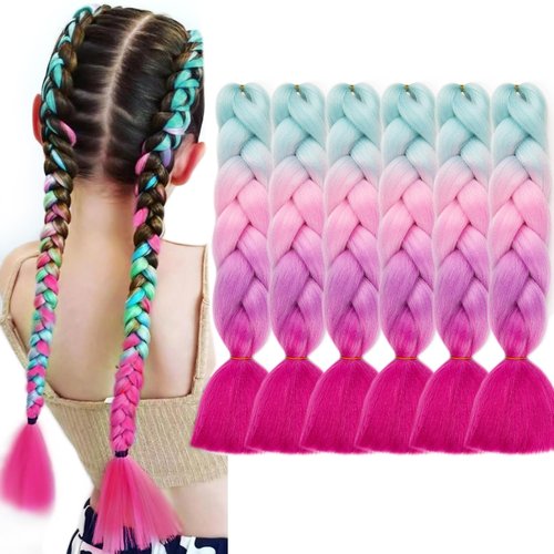 Maysa Rainbow Braiding Hair 24in Jumbo Braiding Hair 6Packs Soft Synthetic Colored Hair Extensions for Kids #Sky blue-Pink-Purple-Rose red