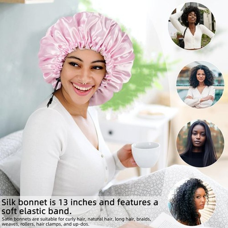 Satin Bonnet Silk Bonnet for Curly Hair Bonnet Braid Bonnet for Sleeping Bonnets for Women Large Double-Layer Adjustable(Black&Pink)