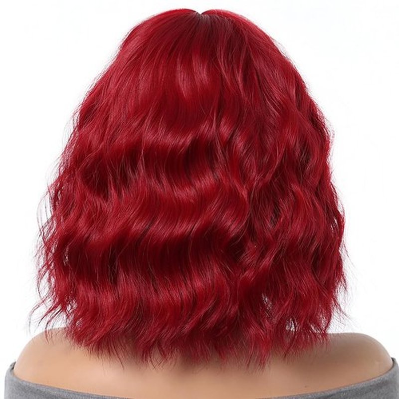 MAGQOO Wine Red Wigs for Women Burgundy Bob Wigs with Bangs Shoulder Length Curly Wavy Dark Red Wigs for Girls Costume Cosplay Halloween Wigs with Wig Cap