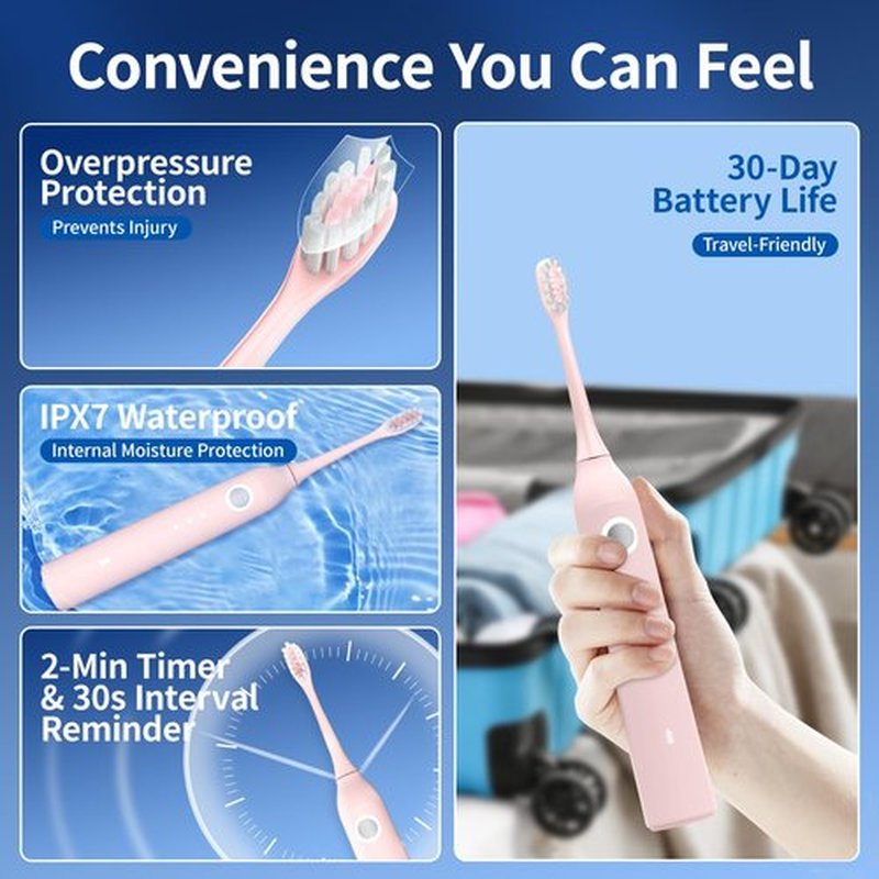 keosaa Pink Electric Toothbrush Soft with 8 Brush Heads, Vibrating Toothbrush with Pressure Sensor, 33000VPM, 3 Modes, 2-Min Smart Timer, One Charge for 30 Days, IPX7 Waterproof, 3D Rounded Bristles