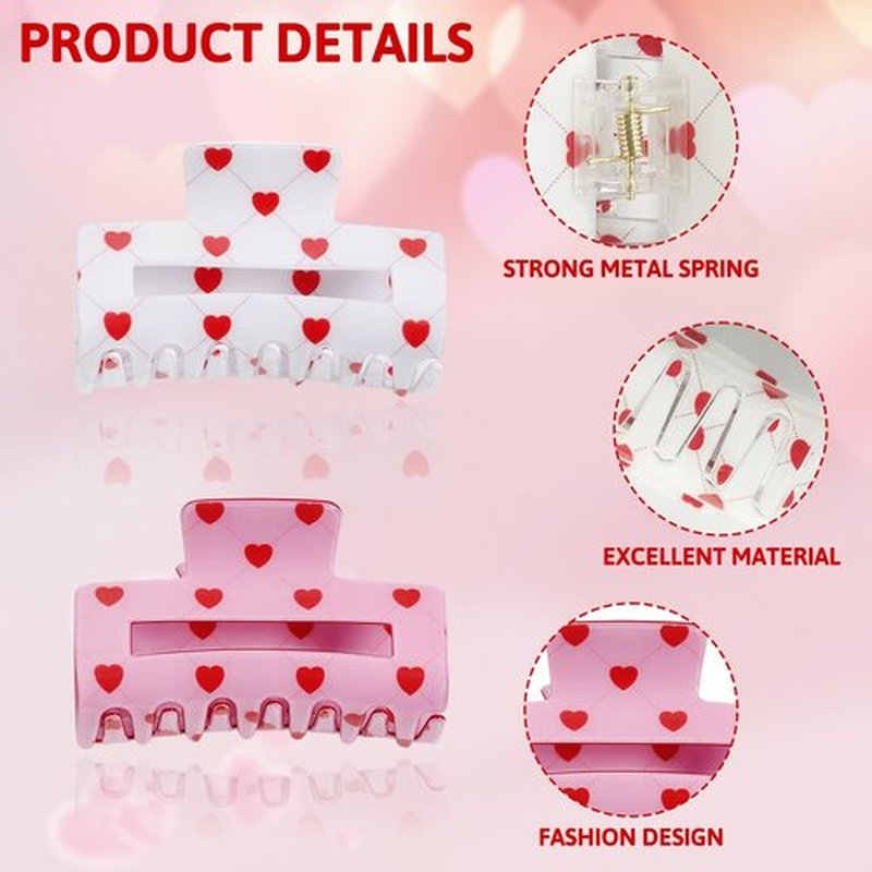 2Pcs Heart Hair Claw Clips for Women, Valentine’s Day Hair Clips, Non-Slip White Pink Claw Clips, Valentine’s Day Hair Accessories, Cute Red Heart Pattern Design, Claw Clips For Thin And Thick Hair