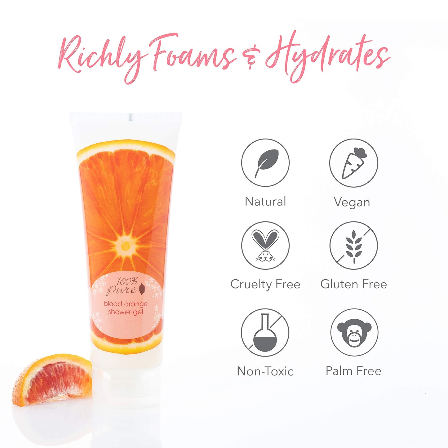 100% PURE Blood Orange Shower Gel Natural Foaming & Hydrating Body Wash - Deeply Moisturizing Gentle Soap Cleanser for All Skin Types, Even Sensitive - Gluten-Free - 8 Fl Oz