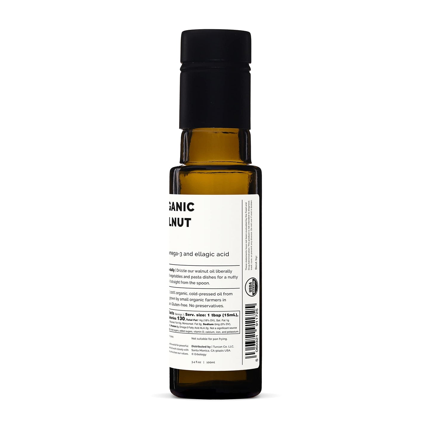 Erbology Organic Walnut Oil 3.4 fl oz - Cold-Pressed - Supports Cognitive Health - Straight from Farm - Non GMO - No Additives or Preservatives - Recyclable Glass Bottle