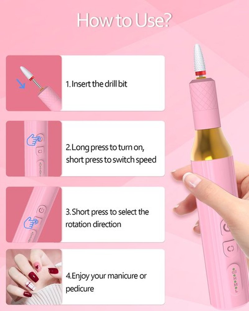 DEEHENK Electric Cordless Nail Drill Portable Nail Drill Machine for Gel Acrylic Nails, Rechargeable Nail File for Home Salon Electric Nail File Pink
