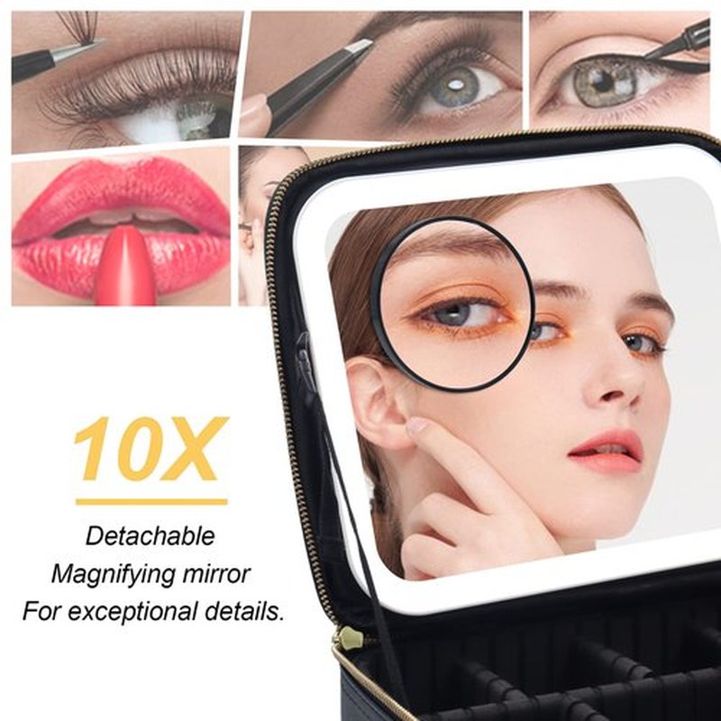 Travel Makeup Bag Cosmetic Bag Make up Organizer Bag with Large Lighted Mirror 3 Color Modes Adjustable Brightness, Waterproof PU Leather Makeup Travel Case Makeup Train Case Toiletry Gift Accessories