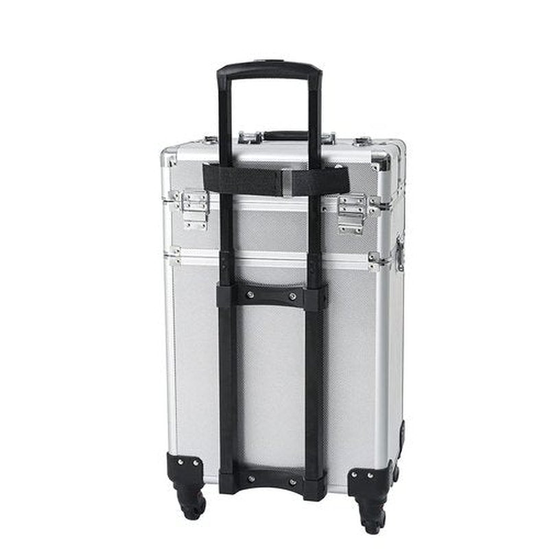 4 in 1 Rolling Makeup Train Case, Professional Aluminum Makeup Travel Organizer Cosmetic Case, Cosmetology Caboodle Case on 360° Wheels, Beauty Storage Luggage Lockable(Silver)