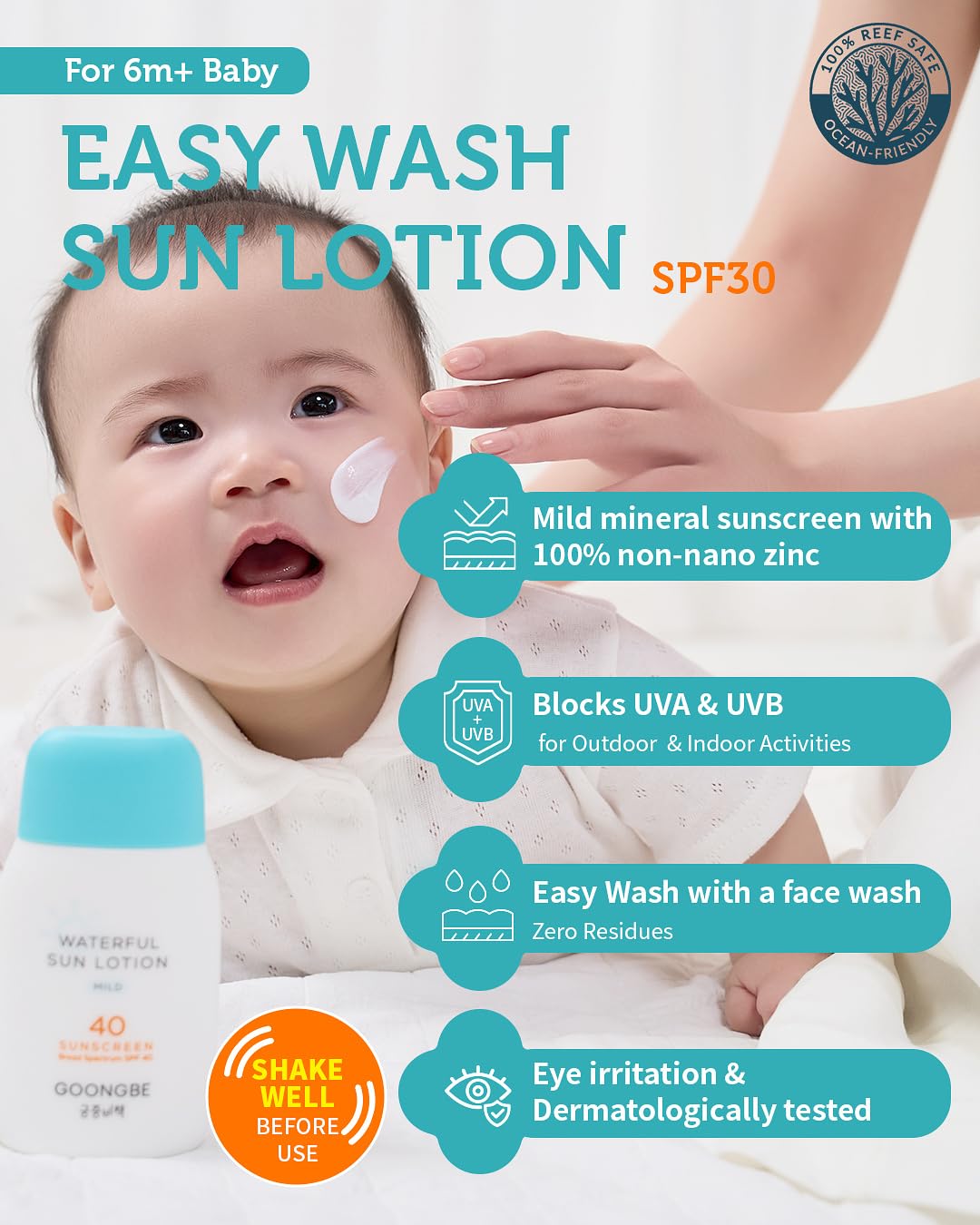 GOONGBE Baby Easy Wash Sun Lotion SPF 30 & Soothing Water Gel Cream - Korean Zinc Oxide Mineral Sunscreen & Cooling Moisturizer - Vegan Hypoallergenic for Ages 0-3, Lotion 2.11oz & Gel Cream 3.38oz