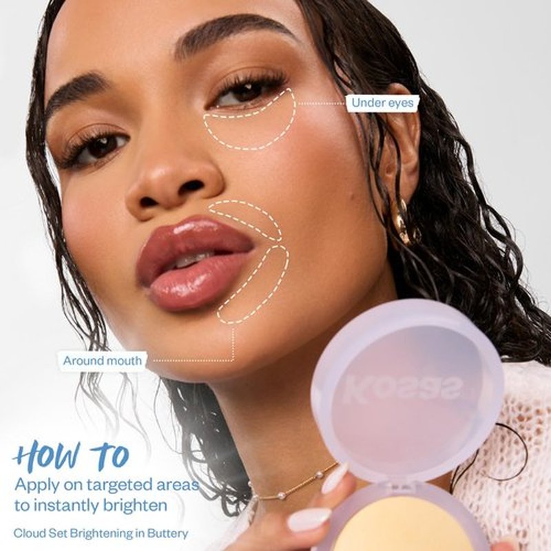 Kosas Cloud Set Face Brightening Powder - Pressed Brightening Powder, Smooths Shine Control, Coverage for Dark Undereye & Uneven Skin - Lightweight Setting Powder - Buttery (Sheer Brightening Yellow)