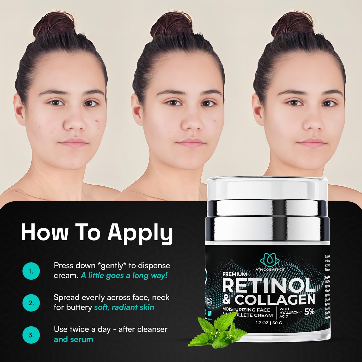 ATN Cosmetics Retinol Cream for Face & Neck, Collagen Moisturizer, Day & Night Cream for Women & Men, Anti Aging, Wrinkle Cream with Hyaluronic Acid, Made in USA