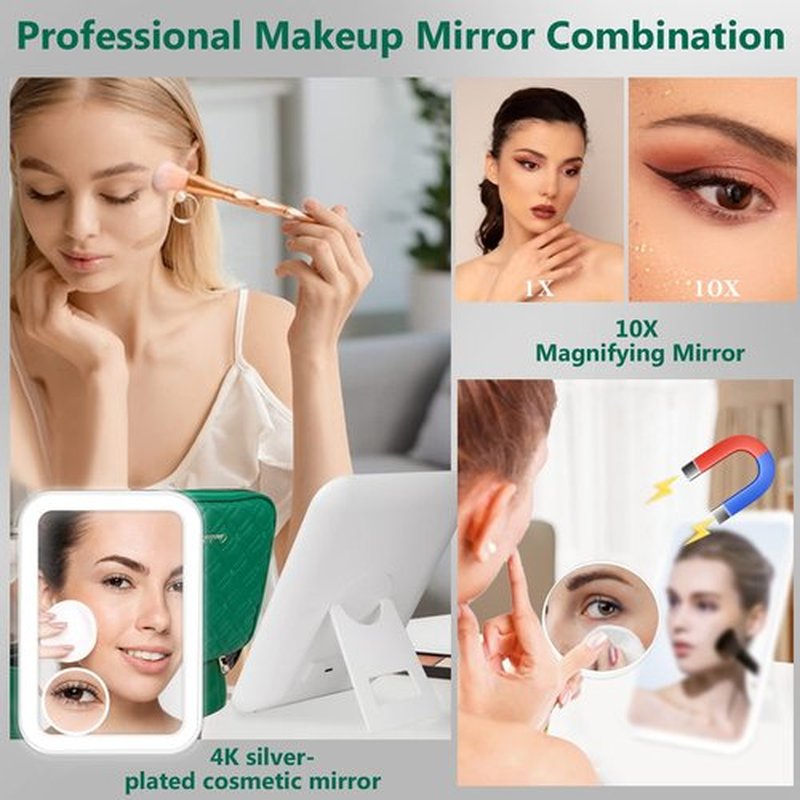 PEEH Makeup Bag with Lighted Mirror, Travel Make up Train Case with Rechargable Compact Vanity Mirror and 10x Magnifying Mirror, Adjustable Dividers Cosmetics Organizer for Women (Green)