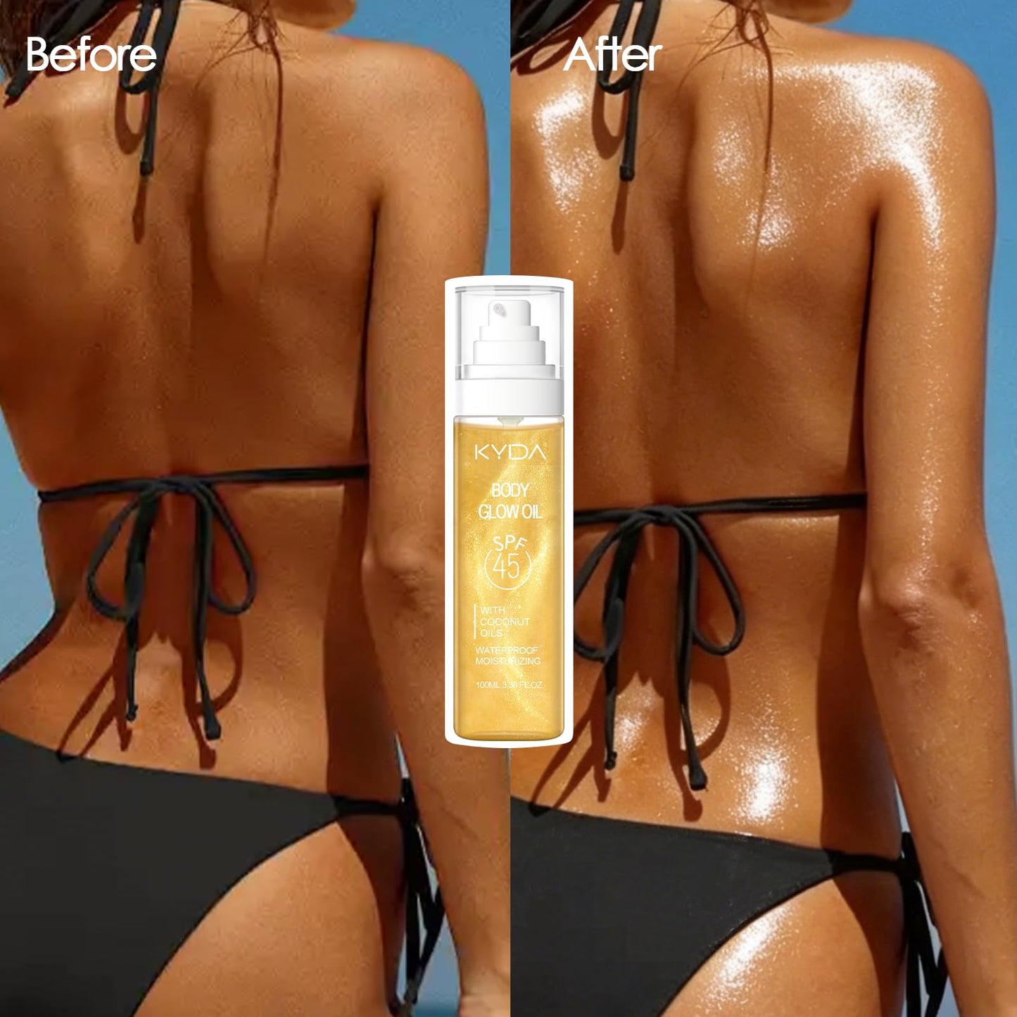 FREEORR SPF 45 Body Glow Oil, Travel Size Sunscreen Oil with Gold Mica, Moisturizing Coconuts Summer Sunscreen, Lightweight Sun-kissed Glow Skin Illuminator, Water Resistant, 3.38 fl oz, GOLD