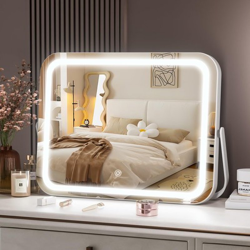 Hasipu Vanity Mirror with Lights, 14" x 10" LED Makeup Mirror, 3 Modes Light, Smart Touch Control Dimmable, 360°Rotation, Rectangle White Frame, with 5X Magnifying Glass