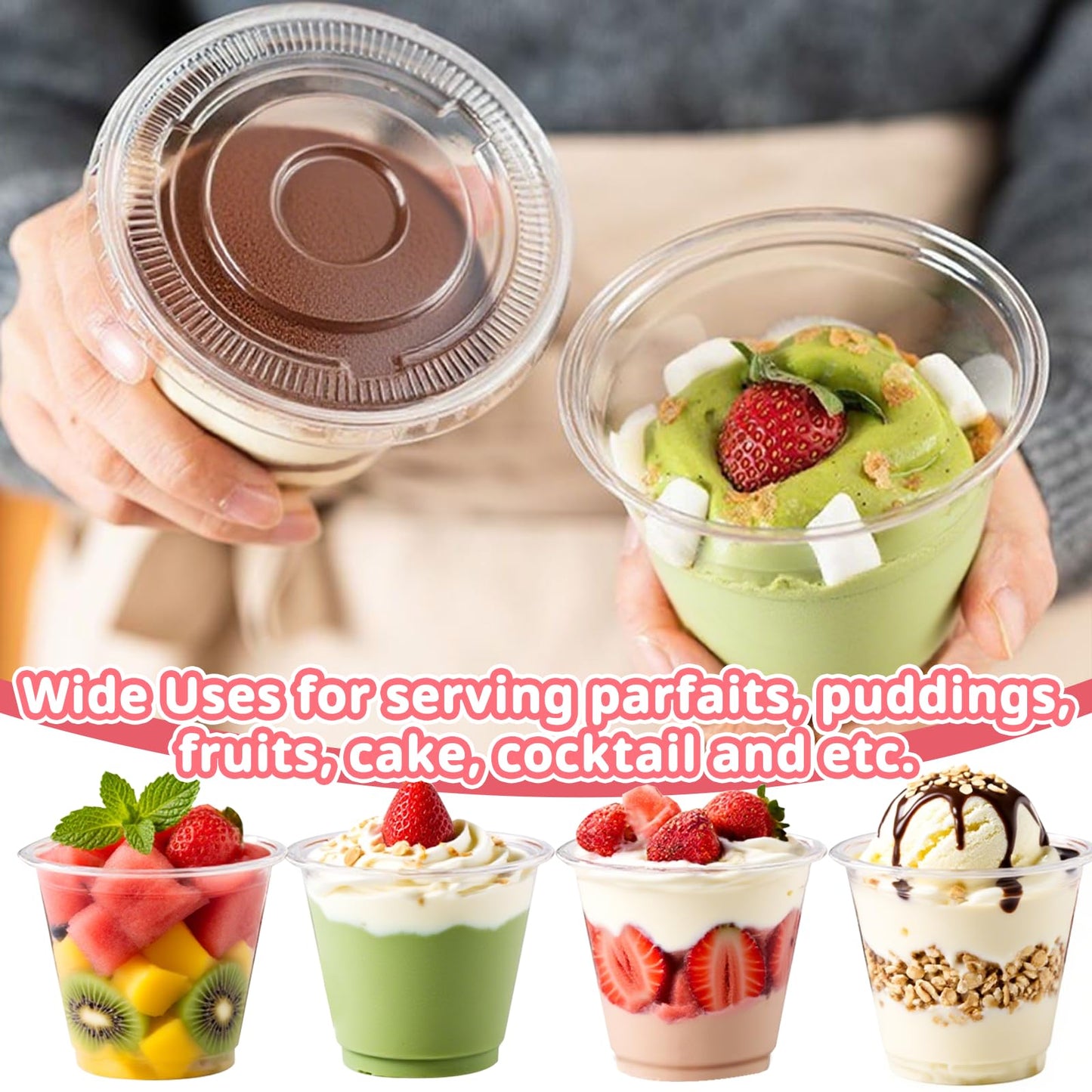 Cayxenful 50 Packs 9oz Disposable Dessert Cups with Lids No Hole, Clear Plastic Cups with Lids for Ice Cream, Cake, Snacks, Fruit, Cold Drinks, Smoothie, Pudding, Salad
