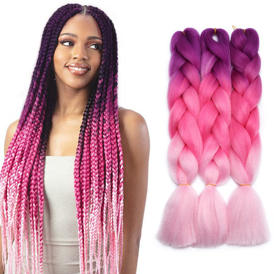 24" Ombre Jumbo Braiding Hair Extensions Jumbo Braid Hair Ombre Long Jumbo Braids For Box Twist Braid Crochet Hair High Temperature 3 Tone Colored (3 Bundles, Purple to Rose Red to Pink)