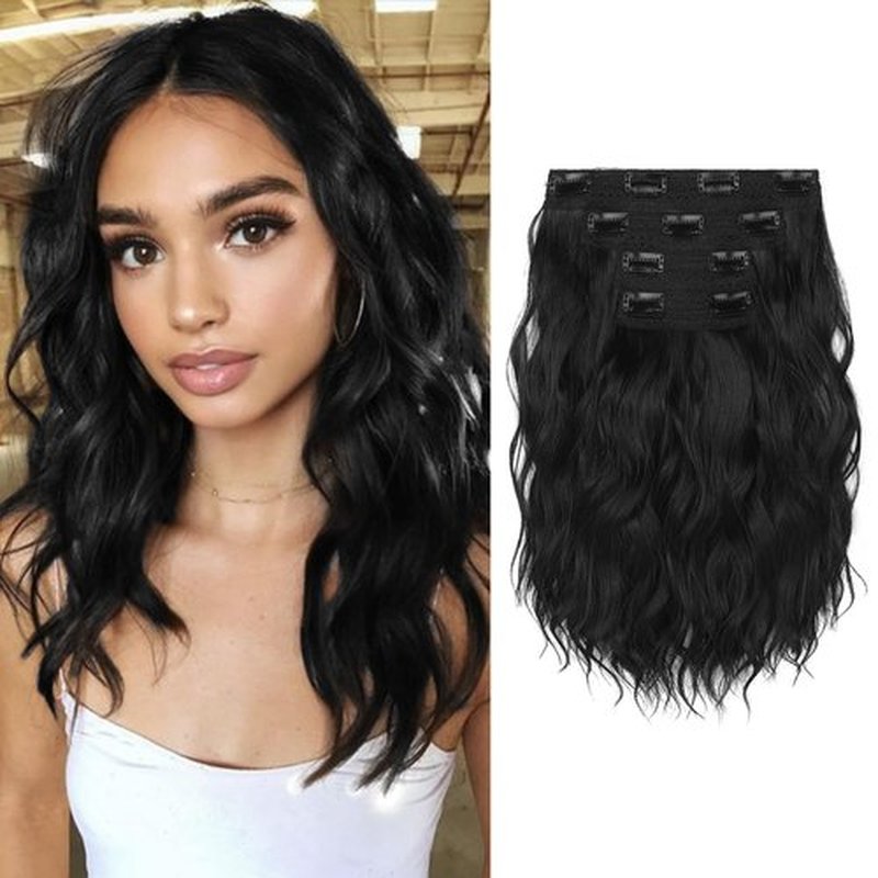 KUIRAN Hair Extensions, Clip in Hair Extensions 12" Short Curly Wavy Black Hair Extensions 4PCS Hair Extensions Invisible Lace Weft Natural Soft Hairpieces for Women - Natural Black