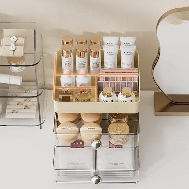 Makeup Organizer for Vanity,Vanity Organizer with 2 Drawers,Makeup&skincare Organizers Countertop,Cosmetic Display Case,Vanity Storage Box(Cream)
