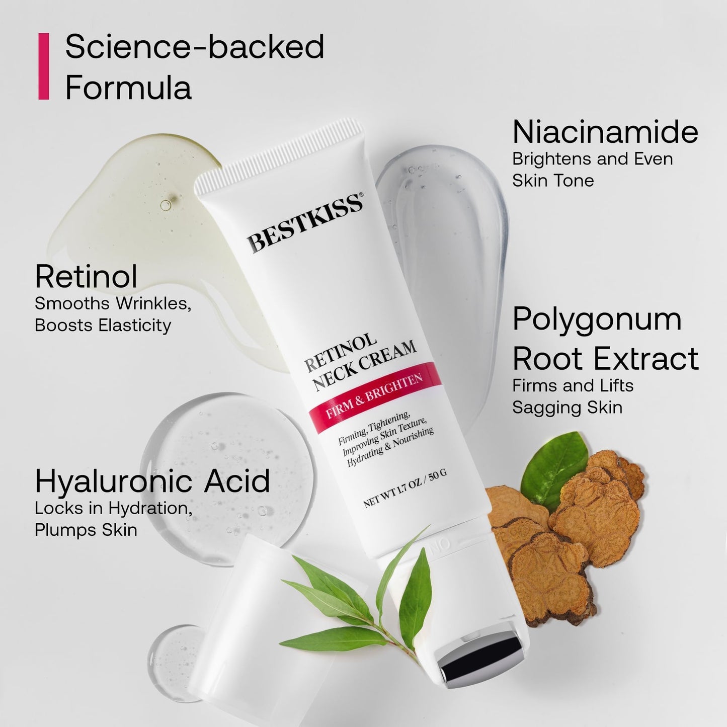 Bestkiss Neck Cream for Tightening and Firming: Hydrates, Lifts & Smoothes with Cooling Massaging Roller Applicator - with Retinol, Niacinamide & Hyaluronic Acid for Face, Neck & Chest, 1.7 OZ/50g