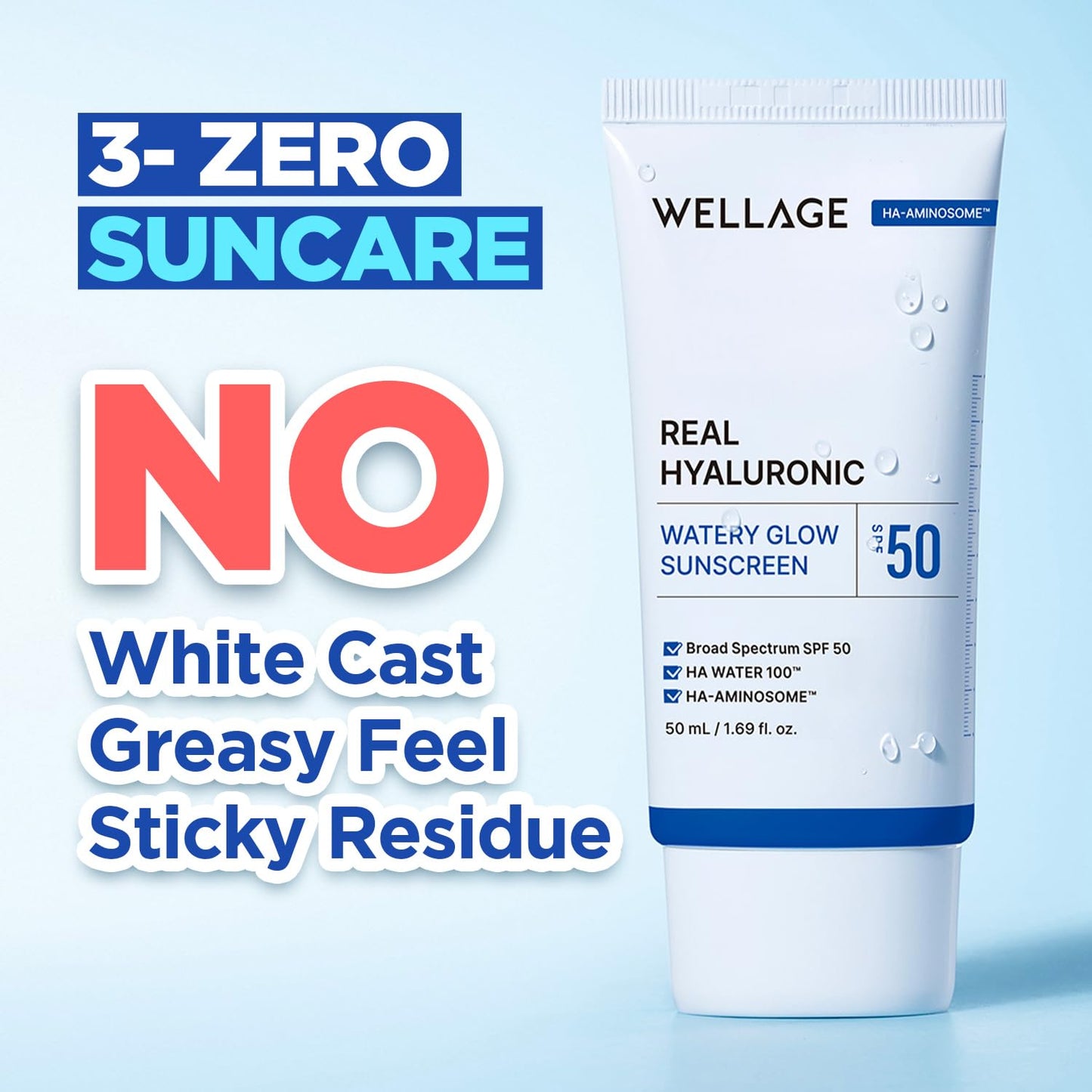 WELLAGE Real Hyaluronic Watery Glow Sunscreen SPF50 1.69 fl.oz (2 Pack), No White Cast