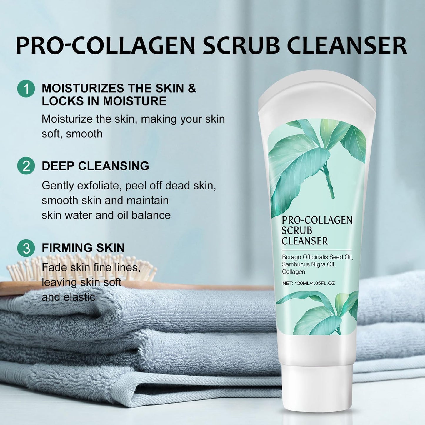 Exfoliating Face Scrub,3 In 1 Collagen Scrub Cleanser With Borago Officinalis Seed Oil,Sambucus Nigra Oil,Facial Cleansing And Exfoliating,Moisturizing And Firming The Skin - 4.05 Fl Oz