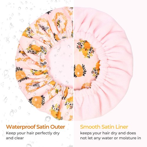 Shower Cap for Women Terry Lined Bee Bath Cap Large Reusable Waterproof Elastic Band Beekeeper Shower Caps for Long Thick Hair Soft Bath Shower Hair Caps