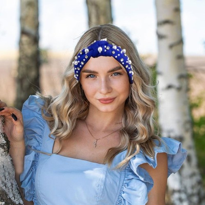 Mdscve Royal Blue Head Bands for Women's Hair Knotted Headband With Pearl Rhinestone Hair Bands for Women's Hair Non Slip Wide Top Girls Headbands Crystal Beaded Headwear Accessories
