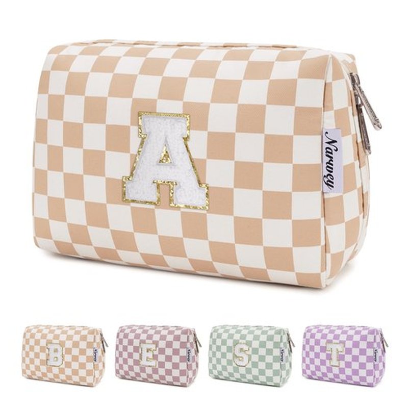 Narwey Personalized Initial Makeup Bag Toiletry Bag Gifts for Women Girls Large Checkered Makeup Bag Zipper Pouch Travel Cosmetic Bag Organizer for Women (Light Checkerboard Letter A)