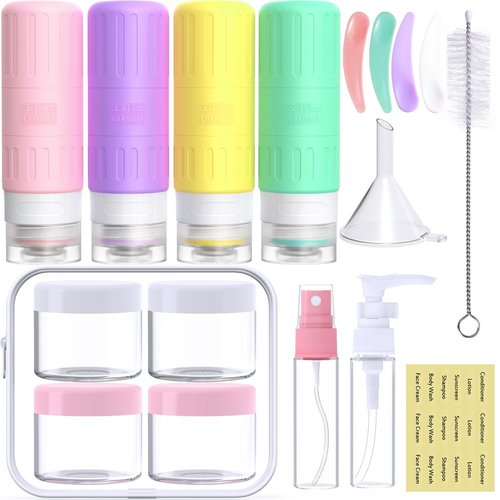 GLAMFIELDS Travel Bottles for Toiletries,TSA Approved 3.3oz Size LeakProof Silicone Toiletry Containers for Shampoo, Conditioner,Easy to Squeeze，Portable Travel Essentials for Lotion(18 Pack) Macaron