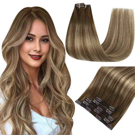 Easyouth Clip in Hair Extensions Balayage Human Hair Extensions Clip ins Medium Brown Fading to Honey Blonde Mixed Brown Clip in Human Hair Extensions Full Head 22 Inch 70g 5pcs