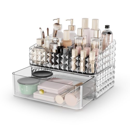 Rosoenvi Makeup Organizer for Vanity, Stackable Cosmetics Organizer and Storage, Cosmetic Display Cases with 1 Drawers and 1 Tray for Makeup Brush, Hair Accessories, Lipstick and Jewelry, Clear