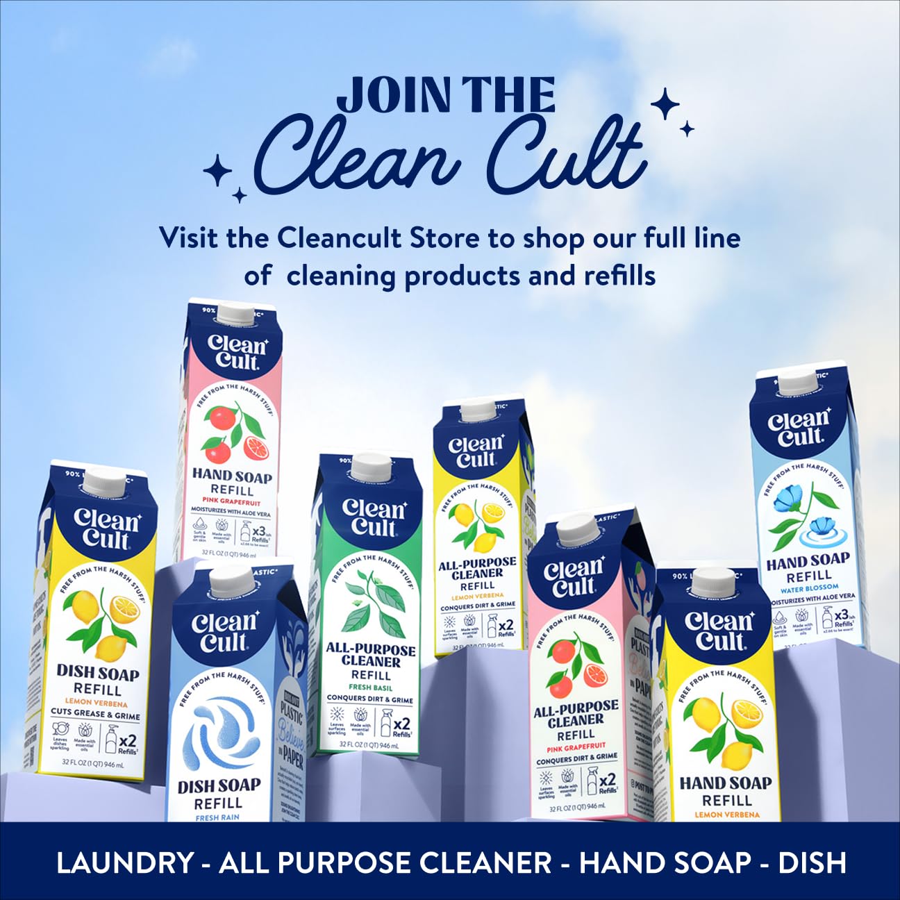 Cleancult Liquid Hand Soap Refill - Fresh Basil - Moisturizes Dry & Sensitive Skin - Made with Aloe Vera & Essential Oils - Eco Friendly - Paper-Based Packaging - 32 oz/2 Pack