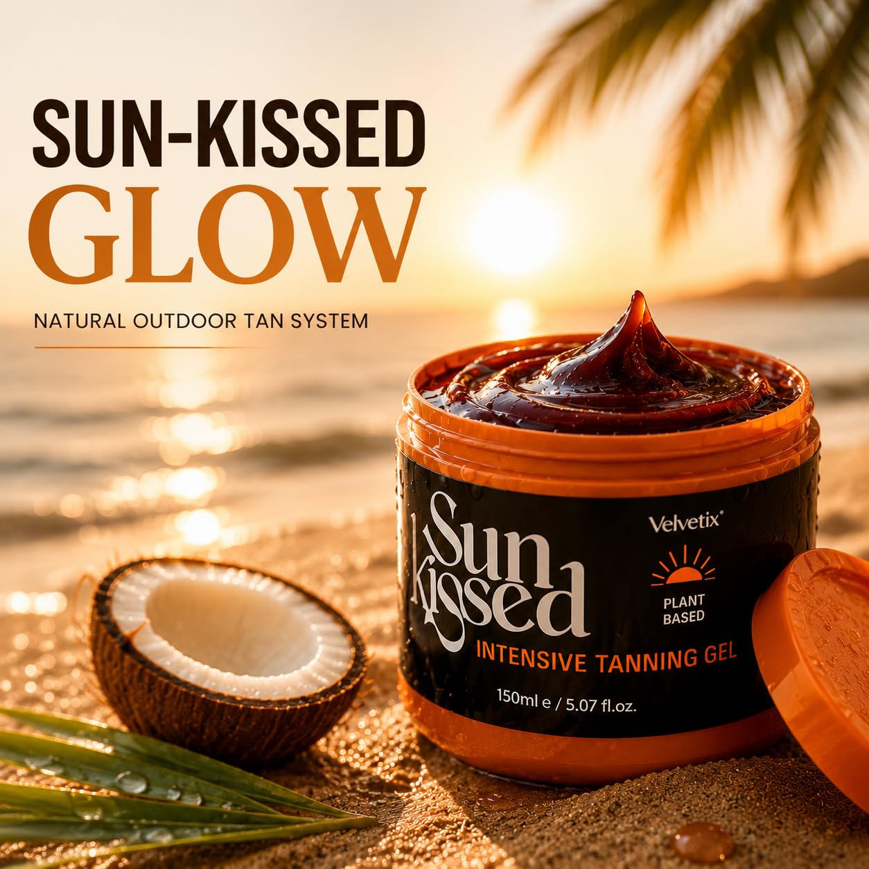 Velvetix Intensive Tanning Gel for Outdoor Sun, Fast Tanning Accelerator with Carrot Oil & Coconut Oil, Quick-Dry & Non-Greasy Sun Tanning Butter, Streak-Free Natural Bronze Glow, Vegan, 5 oz