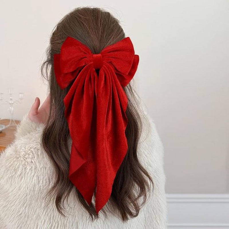 Red Big Long-Tail Velvet Hair Bows French Barrettes Clip for Women Girls Thick Hair,Oversized Aesthetic Xmas Valentines New Year Holiday Party Dress Outfit Decoration Accessories Gift