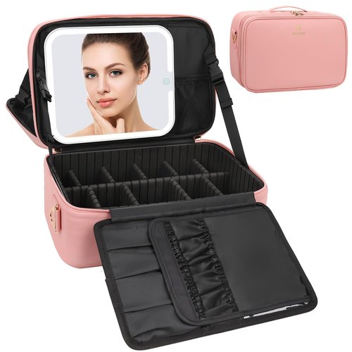 Relavel Makeup Bag with LED Mirror, Makeup Case with Lighted Mirror, Large Capacity Travel Cosmetic Train Case Organizer Box for Women, Dividers and Rechargeable Vanity Mirror (Pink)