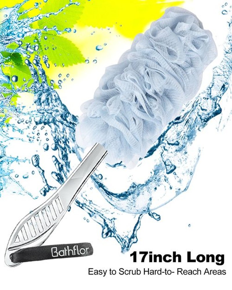 Bathflor Shower Loofah Sponge Exfoliating Body Scrubber 80g, Charcoal Loofa for Women & Men Bath Wash: 1 Long Handle Back Brush Plus 4 Packs Extra Large 80g Soft Mesh Luffa Poufs, 1 Lufa Hook (4Color)