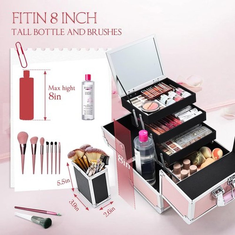 Joligrace Makeup Train Case Cosmetic Box 11.6 Inches Jewelry Organizer Professional 3 Tiers Trays with Mirror and Brush Holder Lockable Key Portable Travel Mermaid Pink