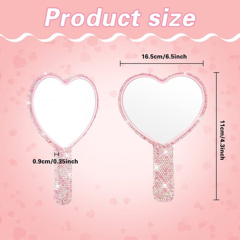 Tatuo 2 Pcs Rhinestone Mirror Handheld Bling Heart Lip Shaped Mirror Glitter Cosmetic Hand Mirror with Handle Portable Cute Travel Makeup Lash Mirror for Women Girls(Pink and White, Heart)