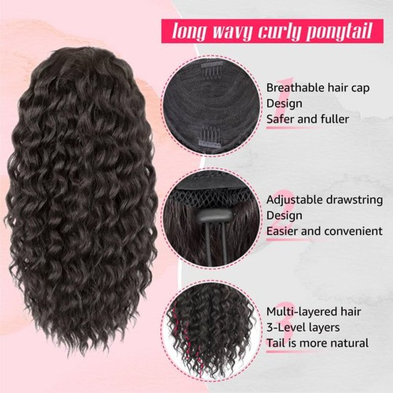 Adancyler 2PCS Ponytail Extension, 8" Messy Bun Hair Piece+20" Wavy Drawstring Ponytail Extensions Synthetic Hairpieces Pony Tails Hair Extensions for Women(Black Brown)