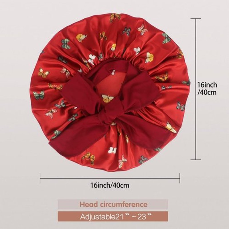 Arqumi Satin Silk Bonnet for Sleeping Women - 2 Pcs Large Long Strap Tie Band Adjustable Sleep Night Shower Cap Hair Bonnet Wrap for Men Reusable, Butterfly Pattern Black+Red