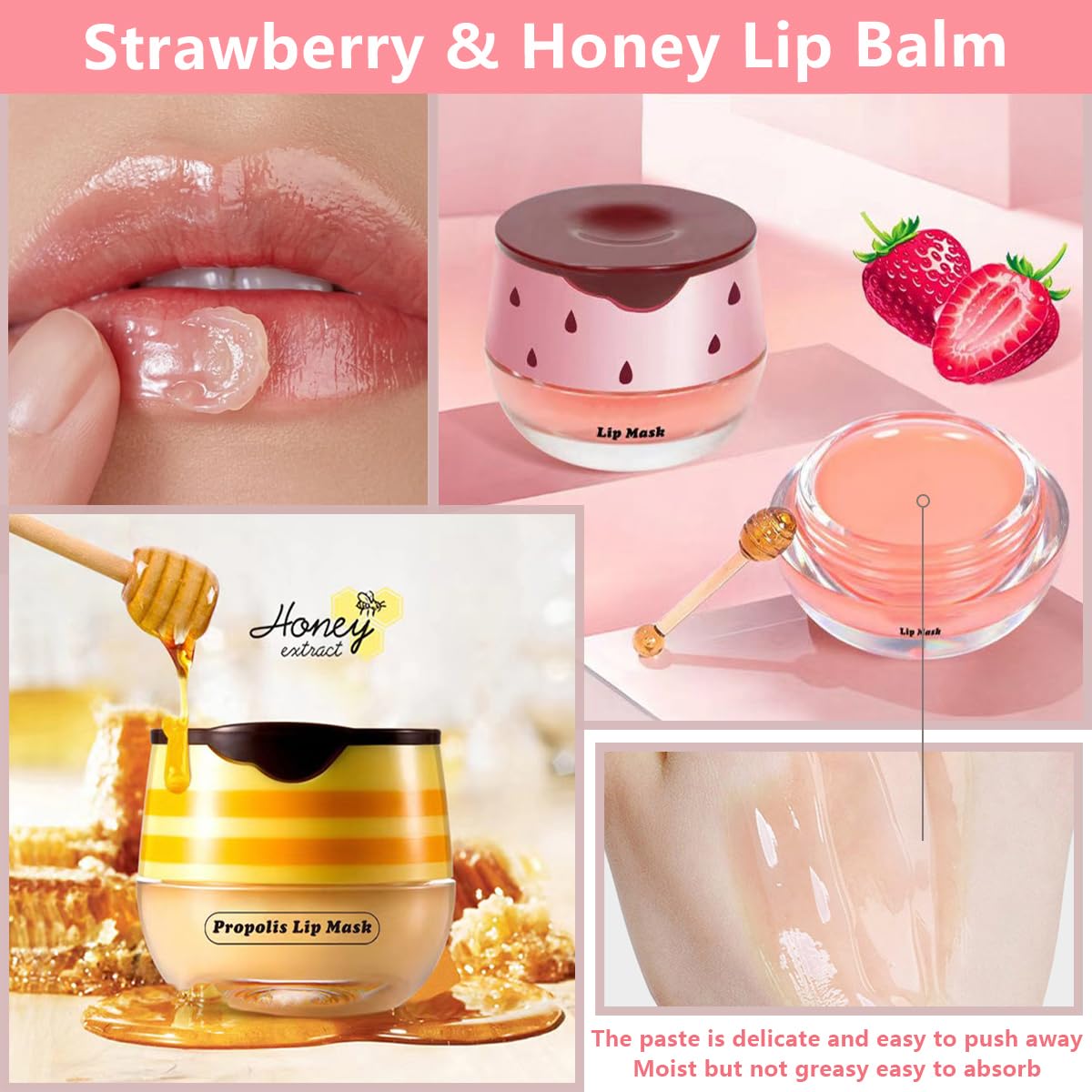 4 Pcs Strawberry & Honey Lip Balm, Moisturizing Propolis Sleeping Lip Mask, Vitamin E Lip Masks, Hydrate Repair Prevent Dry Cracked Lip Exfoliator Lip Care (2 Pack Strawberry - 2 Pack Honey)