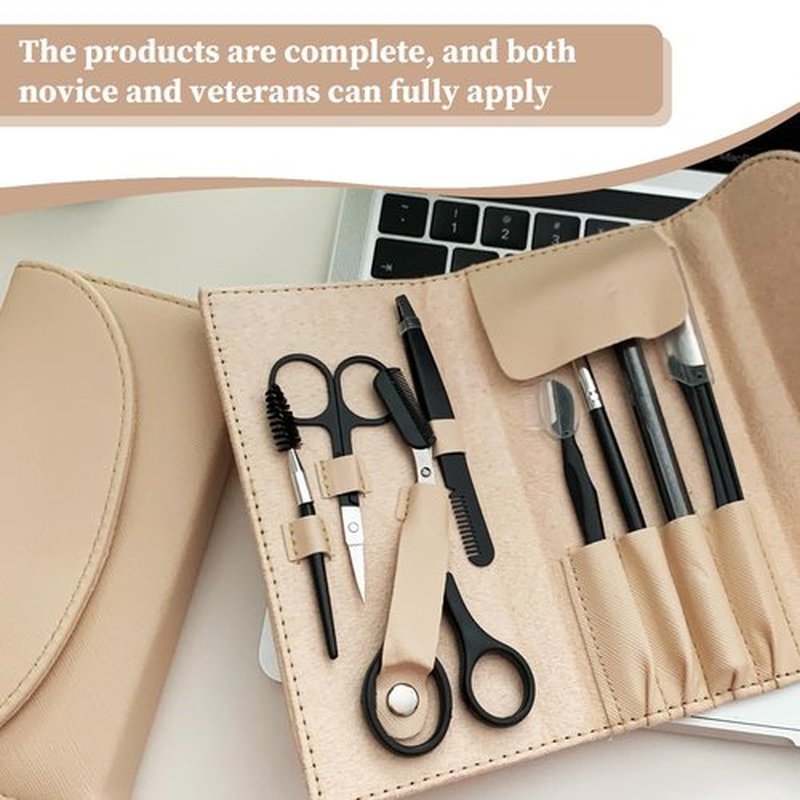 8PCS/SET Professional Eyebrow Shaping Grooming Kit - Beauty Tools Set with Leather Bag Eyebrow Grooming Kit for Women & Men, Eyebrow Trimming Kit With Razor Eyebrow Scissors and Brush with Comb Khaki