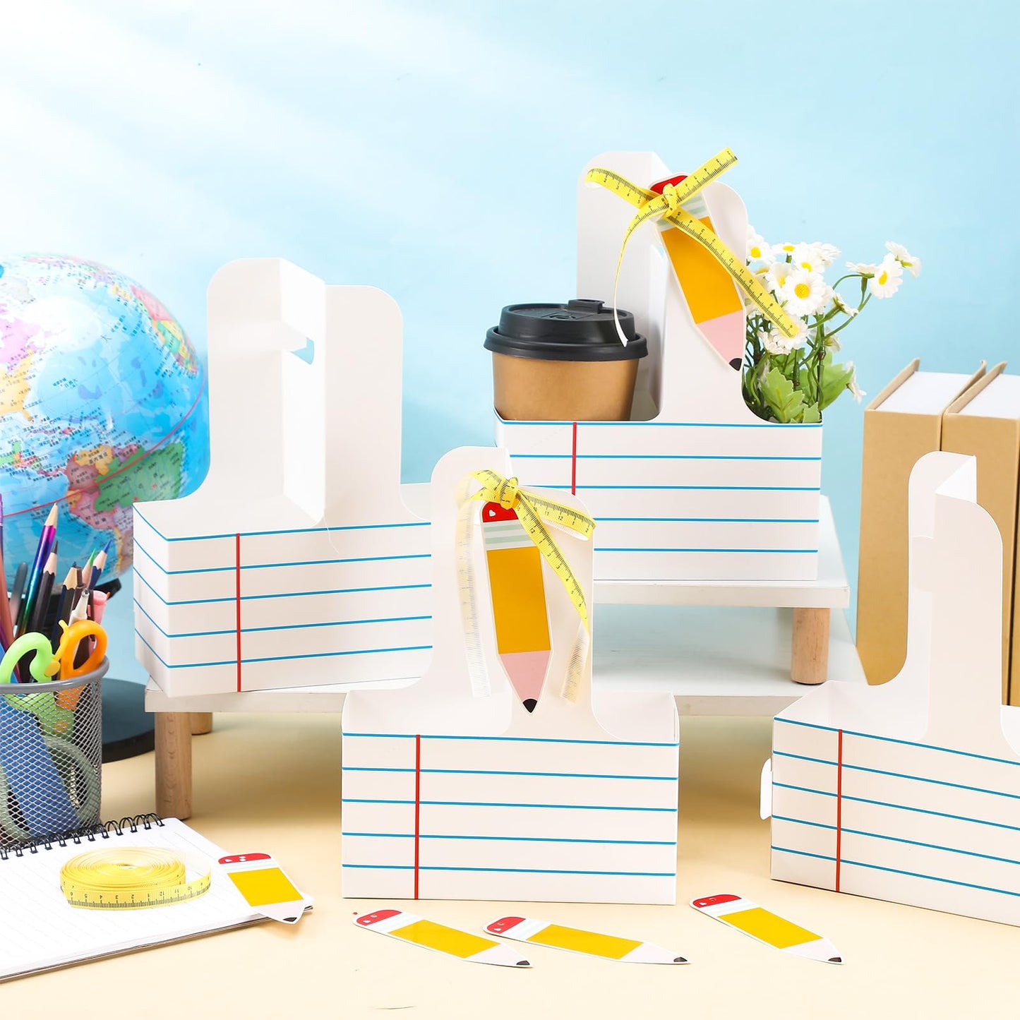 Reallnaive 24 Set Back to School 2 Cup Drink Carrier with Handle Blue Lined Cardboard Carrier Teacher Appreciation Gifts with Greeting Card Kraft Coffee Caddy Flower Holder for Classroom Party Favors