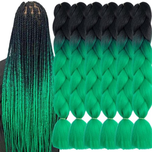 TENGSHUO FLY Black to Green Braiding Hair 6 Packs Synthetic Braid Hair Extensions Jumbo Ombre Braiding Hair 24 Inch or Box Braids Twist Crochet Braids(24"6Pack,Black to Green)